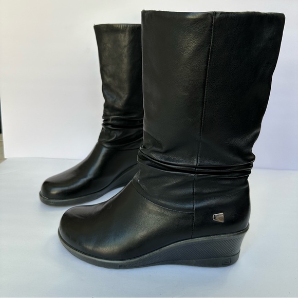 Keen Kate Black Leather Slouch Mid- Calf Slip On Wedge Winter Boots